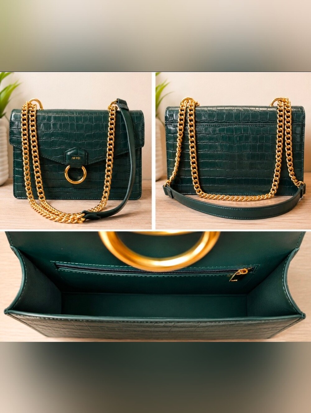 JW PEI Dark Green Croc Chain Shoulder Bag with Gold Hardware